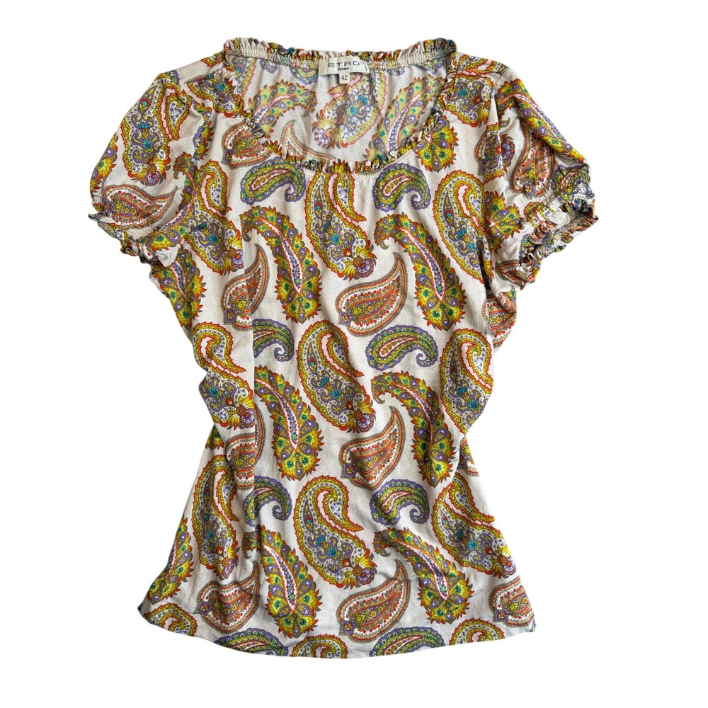Vintage Y2K Etro Paisley Top Womens 42 Tan Multi Viscose Ruffle Boho Maximalist
